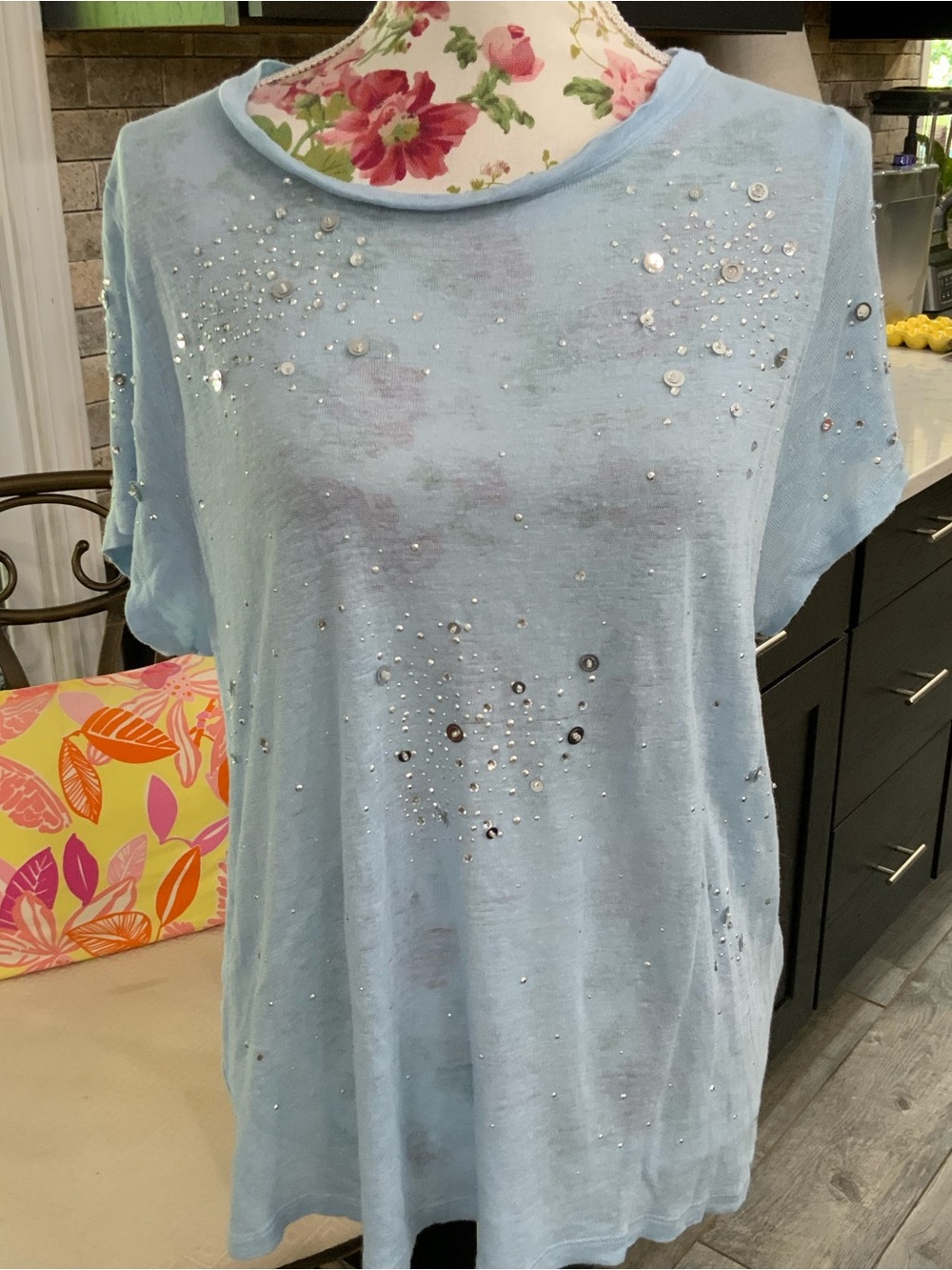 Soft Surroundings Linen Blouse Top Blue PXL Embellished Sequins Lightweight